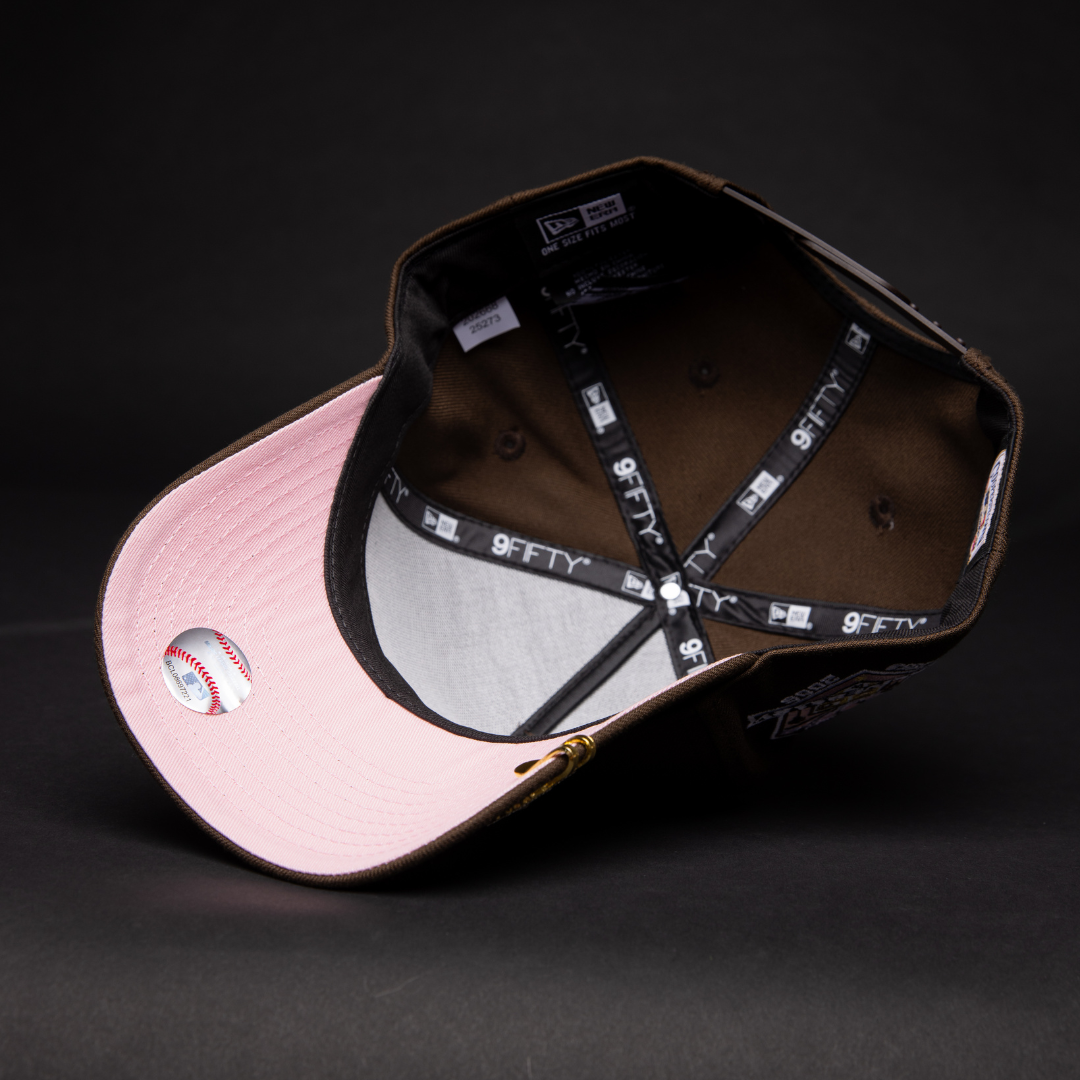 NEW ERA 9FIFTY A-FRAME BROWN LOS ANGELES DODGERS SNAPBACK W/ PINK HEART + 50TH ANNIVERSARY SIDE PATCH