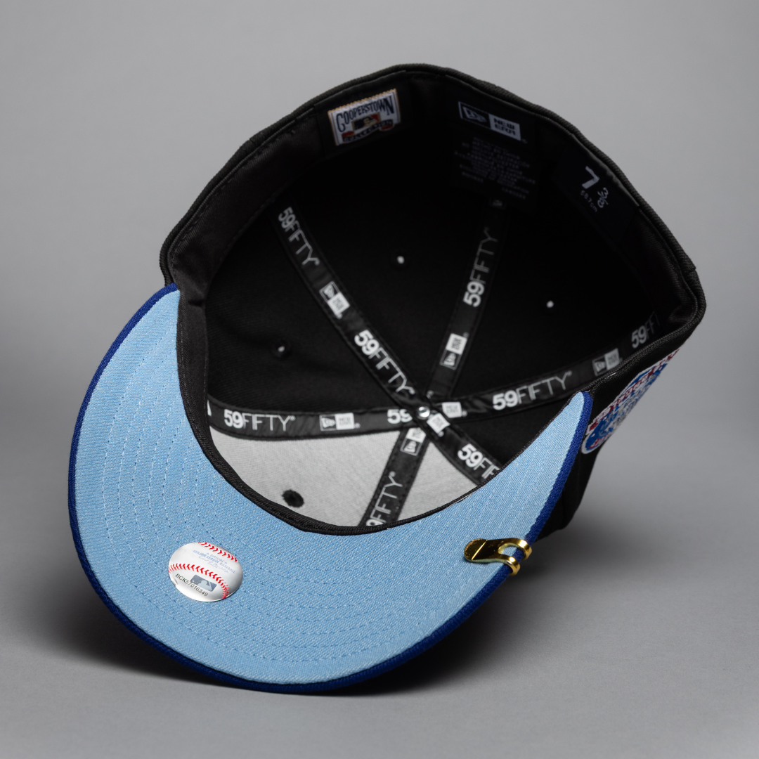 NEW ERA EXCLUSIVE 59FIFTY BLACK/BLUE LOS ANGELES DODGERS W/ EMBROIDERY + 60TH ANNIVERSARY SIDE PATCH