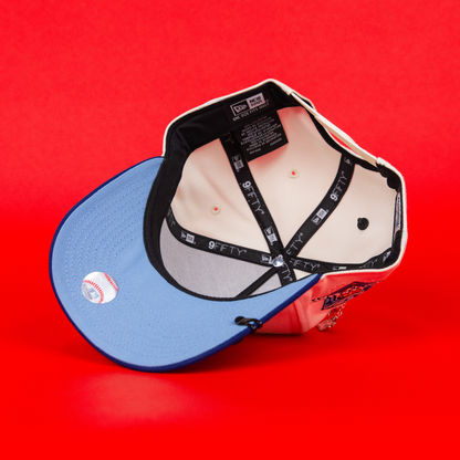 NEW ERA 9FIFTY A-FRAME CHROME/ BLUE LOS ANGELES DODGERS SNAPBACK W/ BLUE HEART + 50TH ANNIVERSARY SIDE PATCH