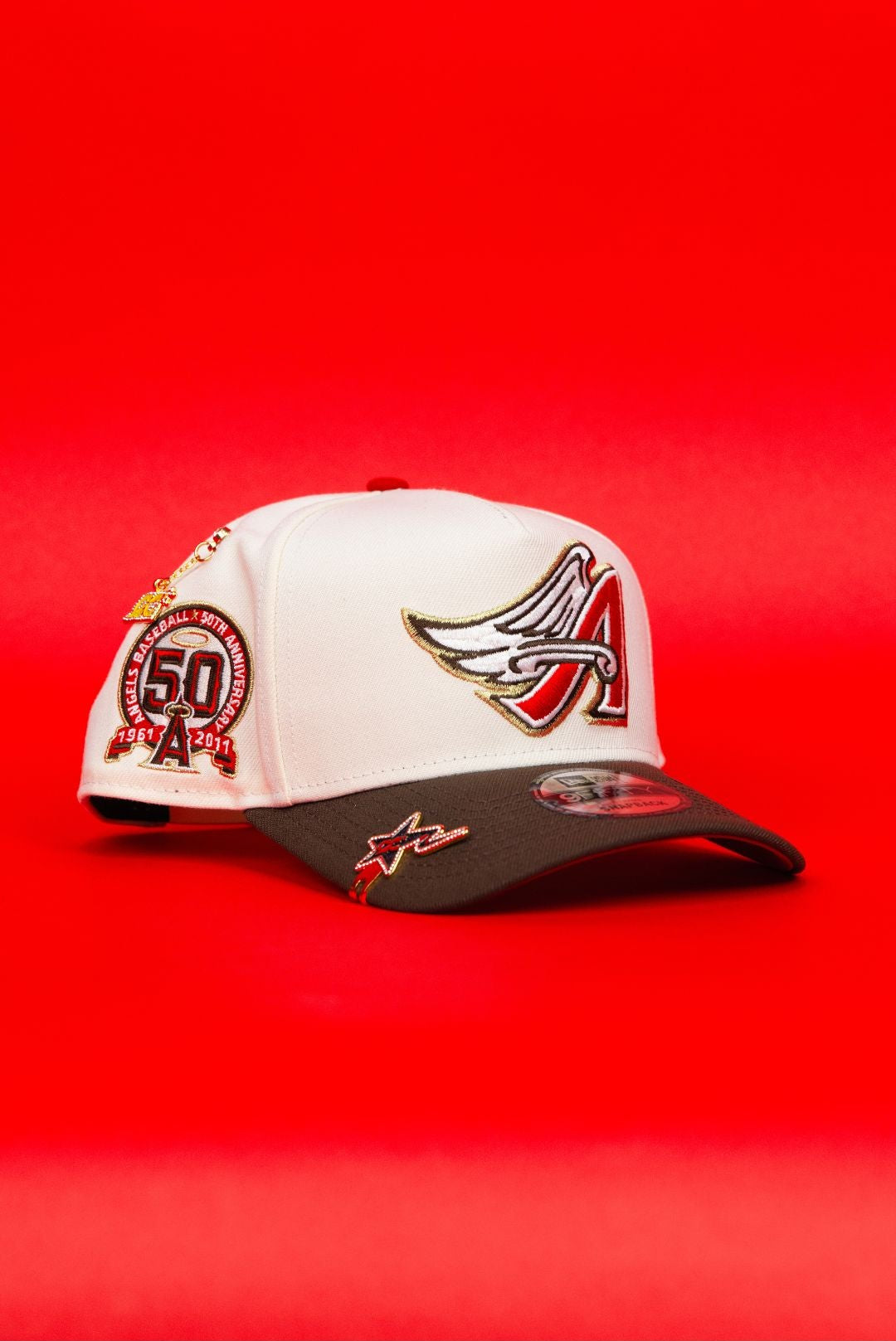 NEW ERA 9FIFTY A-FRAME CHROME/ BROWN ANAHEIM ANGELS SNAPBACK W/ 50TH ANNIVERSARY SIDE PATCH