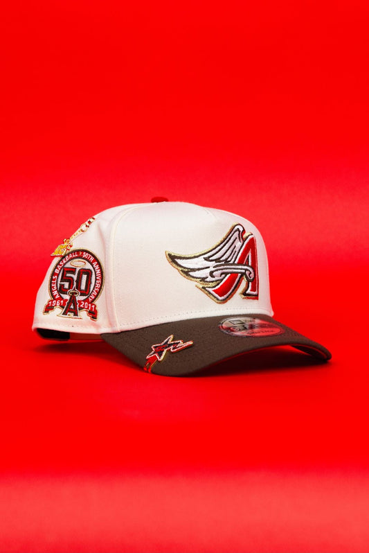NEW ERA 9FIFTY A-FRAME CHROME/ BROWN ANAHEIM ANGELS SNAPBACK W/ 50TH ANNIVERSARY SIDE PATCH