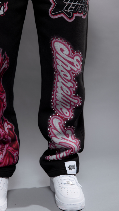 CAP CITY X SHORELINE MAFIA BLACK/PINK AIR BRUSH PANTS W/ RHINESTONES - UNISEX