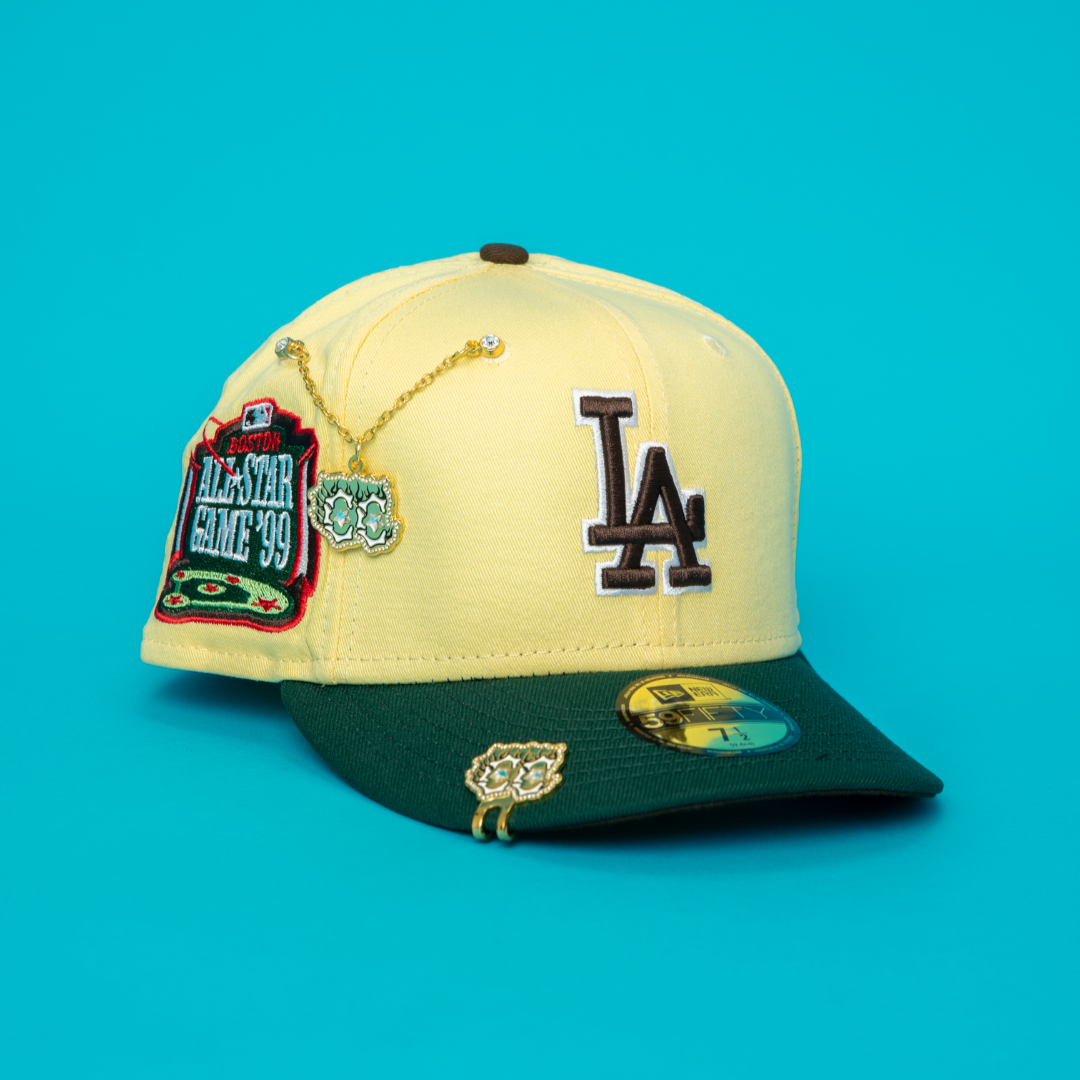 NEW ERA EXCLUSIVE 59FIFTY YELLOW/ FOREST GREEN LOS ANGELES DODGERS W/ 1999 ALL STAR GAME SIDE PATCH