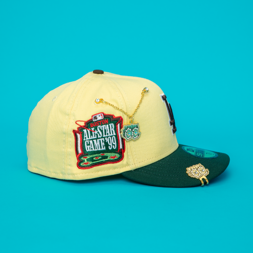 NEW ERA EXCLUSIVE 59FIFTY YELLOW/ FOREST GREEN LOS ANGELES DODGERS W/ 1999 ALL STAR GAME SIDE PATCH