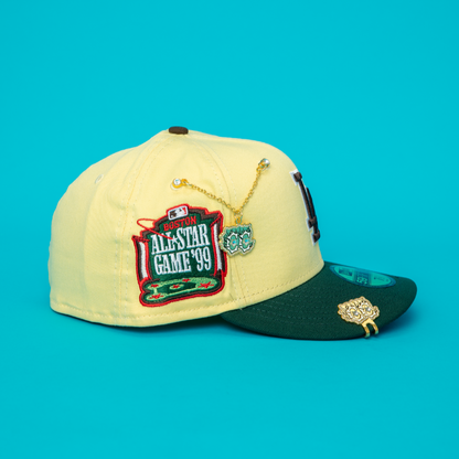 NEW ERA EXCLUSIVE 59FIFTY YELLOW/ FOREST GREEN LOS ANGELES DODGERS W/ 1999 ALL STAR GAME SIDE PATCH