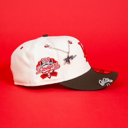 NEW ERA EXCLUSIVE 59FIFTY CHROME/ BROWN LOS ANGELES DODGERS W/ 100TH ANNIVERSARY SIDE PATCH