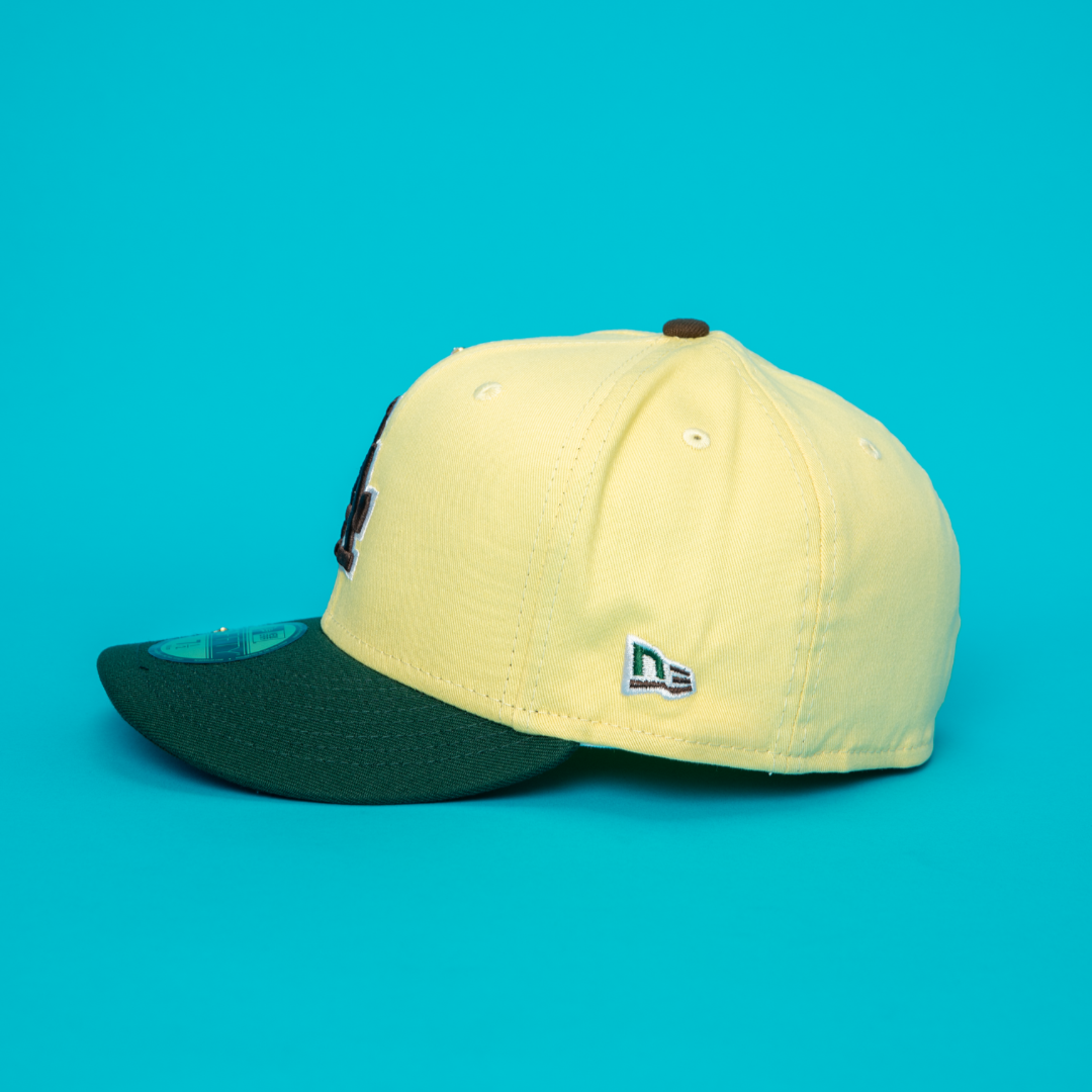 NEW ERA EXCLUSIVE 59FIFTY YELLOW/ FOREST GREEN LOS ANGELES DODGERS W/ 1999 ALL STAR GAME SIDE PATCH
