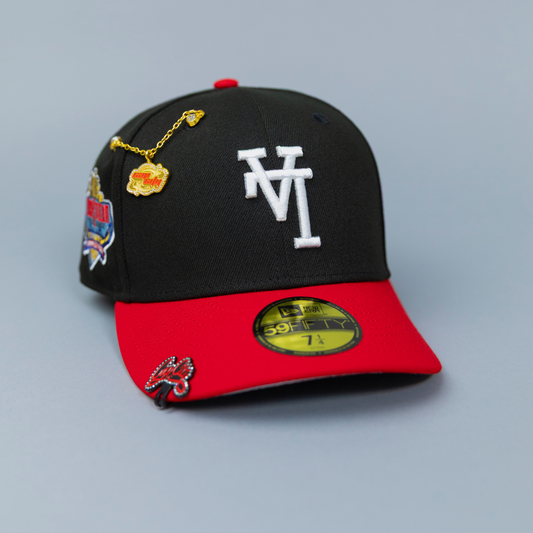 NEW ERA EXCLUSIVE 59FIFTY BLACK/ RED UPSIDE DOWN LOS ANGELES DODGERS W/ 40TH ANNIVERSARY SIDE PATCH
