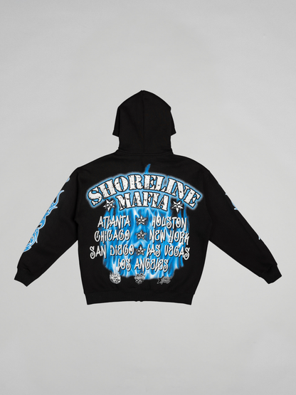 CAP CITY X SHORELINE MAFIA BLACK/BLUE AIR BRUSH ZIP UP HOODIE W/ RHINESTONES - UNISEX