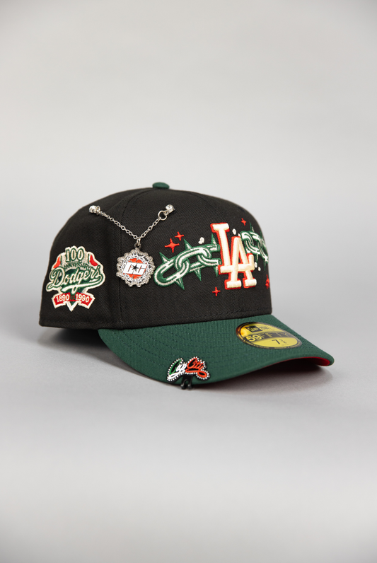 NEW ERA EXCLUSIVE 59FIFTY BLACK/ FOREST GREEN LOS ANGELES DODGERS W/ EMBROIDERY + 100TH ANNIVERSARY SIDE PATCH