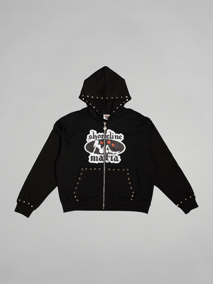 CAP CITY X SHORELINE MAFIA BLACK STUDDED ZIP UP HOODIE - UNISEX