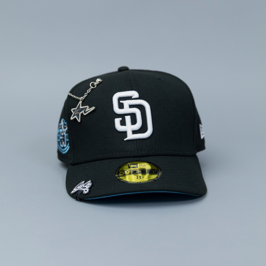 NEW ERA EXCLUSIVE 59FIFTY BLACK SAN DIEGO PADRES W/ 50TH ANNIVERSARY SIDE PATCH