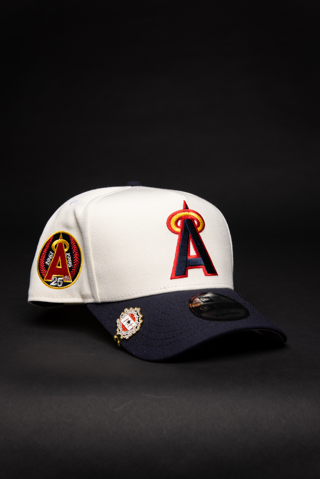 NEW ERA 9FIFTY A-FRAME CHROME/ NAVY ANAHEIM ANGELS SNAPBACK W/ 25TH ANNIVERSARY SIDE PATCH