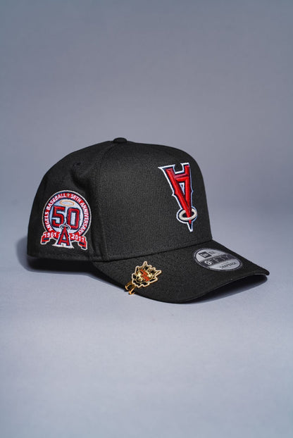 NEW ERA 9FIFTY A-FRAME BLACK UPSIDE DOWN ANAHEIM ANGELS SNAPBACK W/ 50TH ANNIVERSARY SIDE PATCH