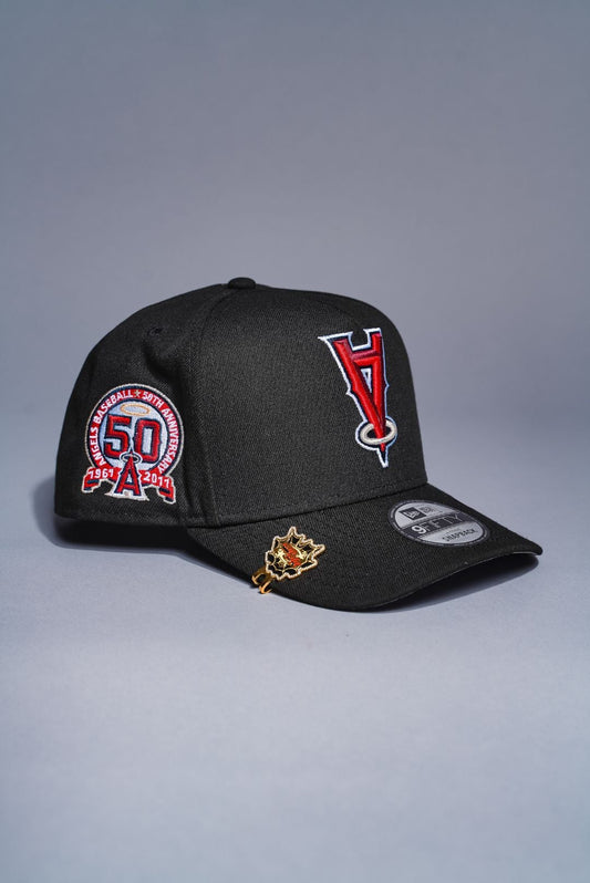 NEW ERA 9FIFTY A-FRAME BLACK UPSIDE DOWN ANAHEIM ANGELS SNAPBACK W/ 50TH ANNIVERSARY SIDE PATCH