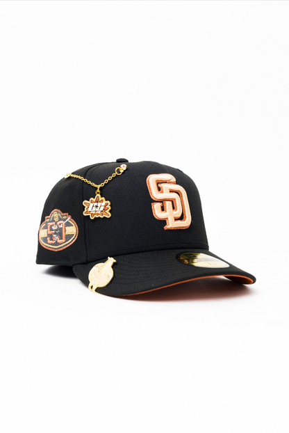 NEW ERA EXCLUSIVE 59FIFTY BLACK SAN DIEGO PADRES W/ 50TH ANNIVERSARY SIDE PATCH