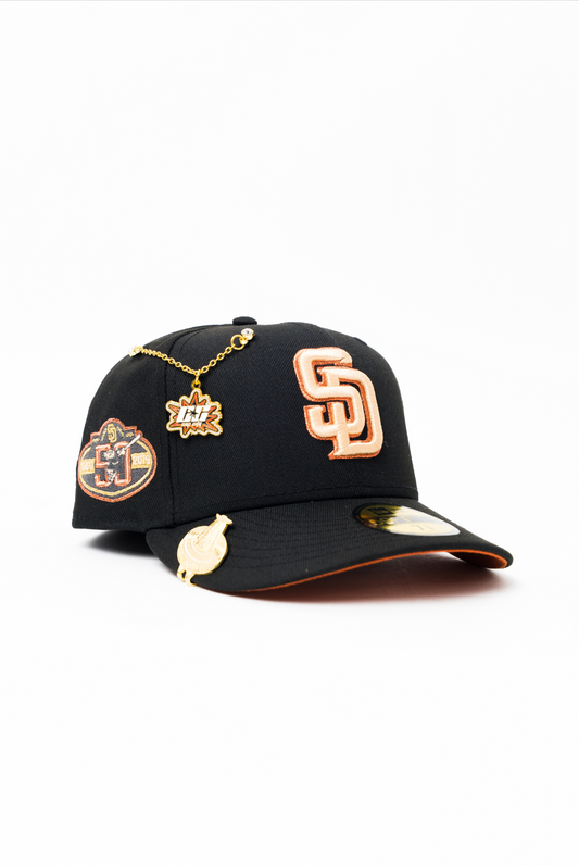NEW ERA EXCLUSIVE 59FIFTY BLACK SAN DIEGO PADRES W/ 50TH ANNIVERSARY SIDE PATCH