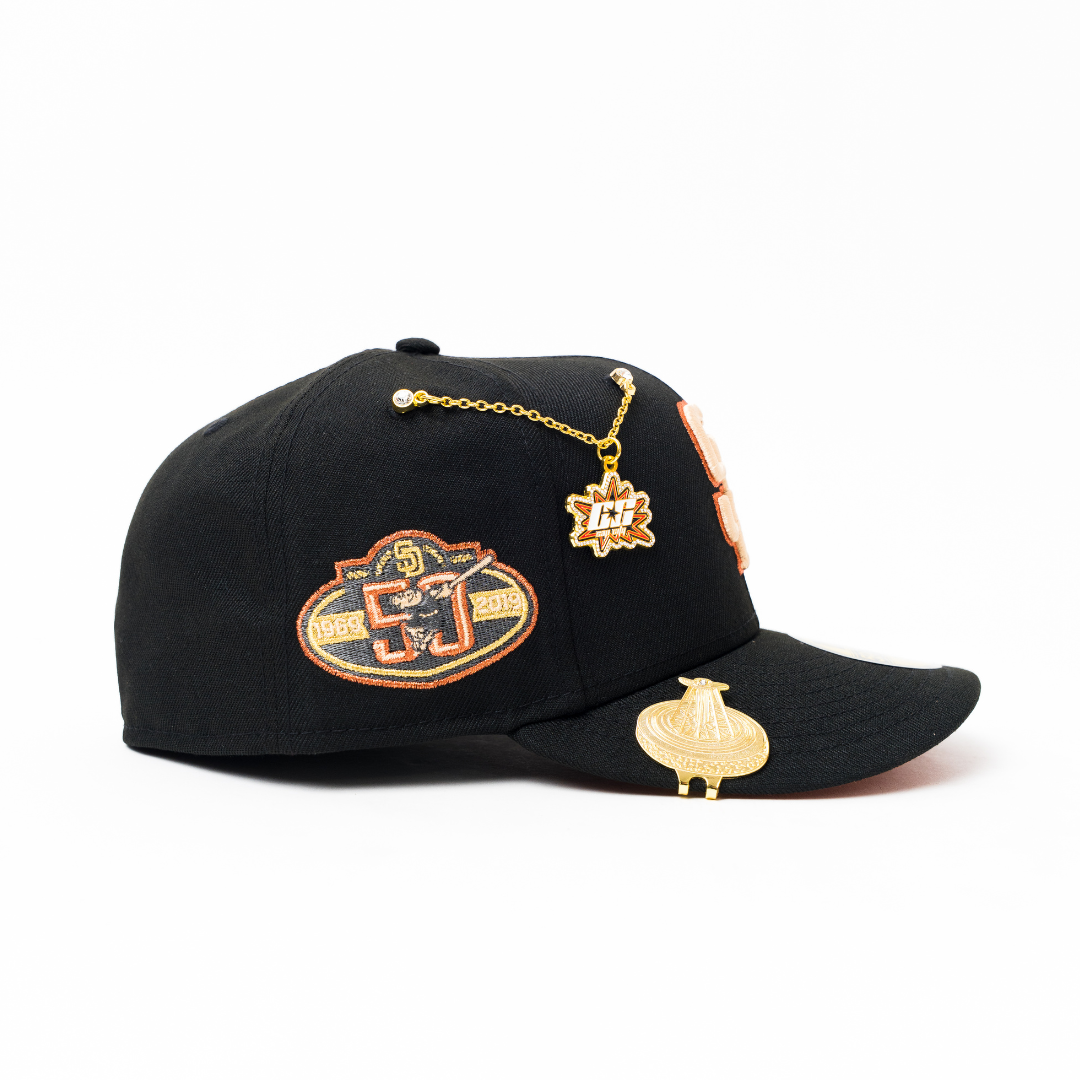 NEW ERA EXCLUSIVE 59FIFTY BLACK SAN DIEGO PADRES W/ 50TH ANNIVERSARY SIDE PATCH