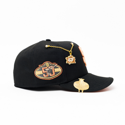 NEW ERA EXCLUSIVE 59FIFTY BLACK SAN DIEGO PADRES W/ 50TH ANNIVERSARY SIDE PATCH