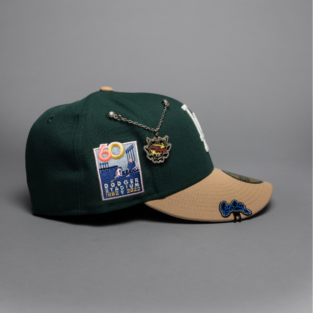 NEW ERA EXCLUSIVE 59FIFTY FOREST GREEN/BEIGE LOS ANGELES DODGERS W/ HEART + DODGER STADIUM SIDE PATCH