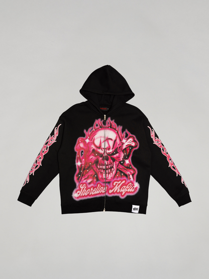CAP CITY X SHORELINE MAFIA BLACK/PINK AIR BRUSH ZIP UP HOODIE W/ RHINESTONES - UNISEX