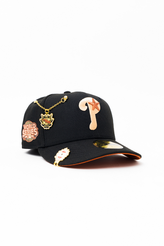NEW ERA EXCLUSIVE 59FIFTY BLACK PHILADELPHIA PHILLIES W/ WORLD SERIES SIDE PATCH
