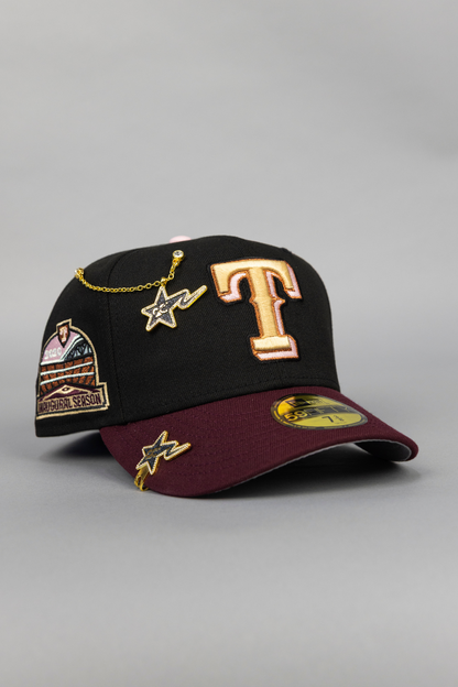 NEW ERA EXCLUSIVE 59FIFTY BLACK/ BURGUNDY TEXAS RANGERS W/ INAUGURAL SEASON SIDE PATCH