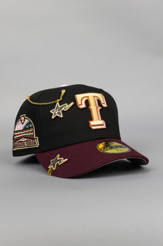 NEW ERA EXCLUSIVE 59FIFTY BLACK/ BURGUNDY TEXAS RANGERS W/ INAUGURAL SEASON SIDE PATCH