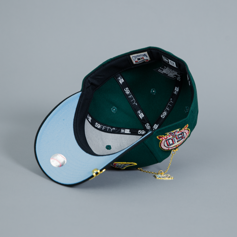 NEW ERA 59FIFTY EMERALD GREEN/ BLACK ANAHEIM ANGELS SCRIPT W/ 50TH ANNIVERSARY SIDE PATCH