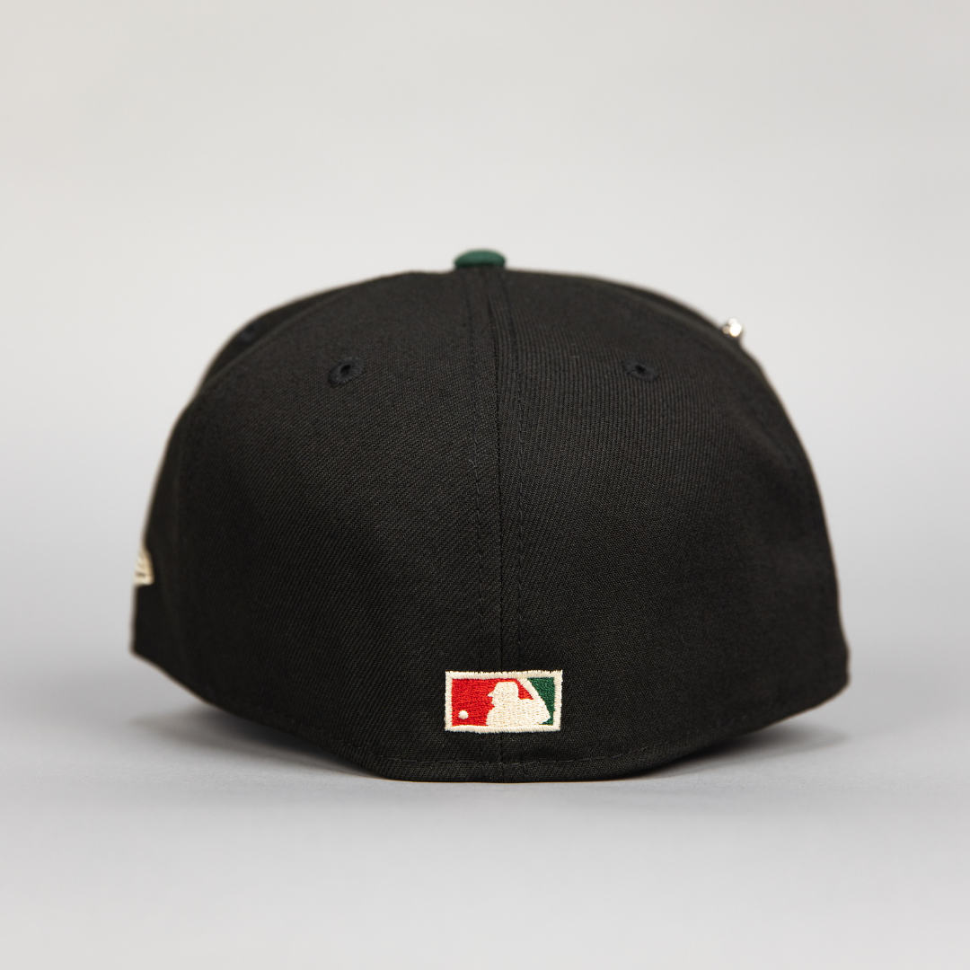 NEW ERA EXCLUSIVE 59FIFTY BLACK/ FOREST GREEN LOS ANGELES DODGERS W/ EMBROIDERY + 100TH ANNIVERSARY SIDE PATCH