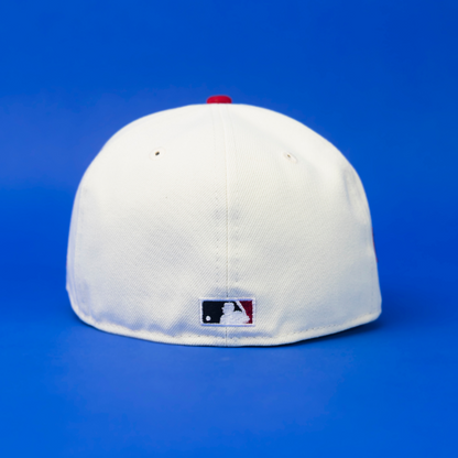 NEW ERA EXCLUSIVE 59FIFTY CHROME/ RED LOS ANGELES DODGERS W/ 50TH ANNIVERSARY SIDE PATCH