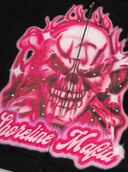 CAP CITY X SHORELINE MAFIA BLACK/PINK AIR BRUSH ZIP UP HOODIE W/ RHINESTONES - UNISEX
