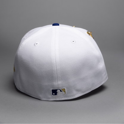 NEW ERA EXCLUSIVE 59FIFTY PEARL WHITE/BLUE LOS ANGELES DODGERS W/ EMBROIDERY + WORLD SERIES CHAMPIONS SIDE PATCH