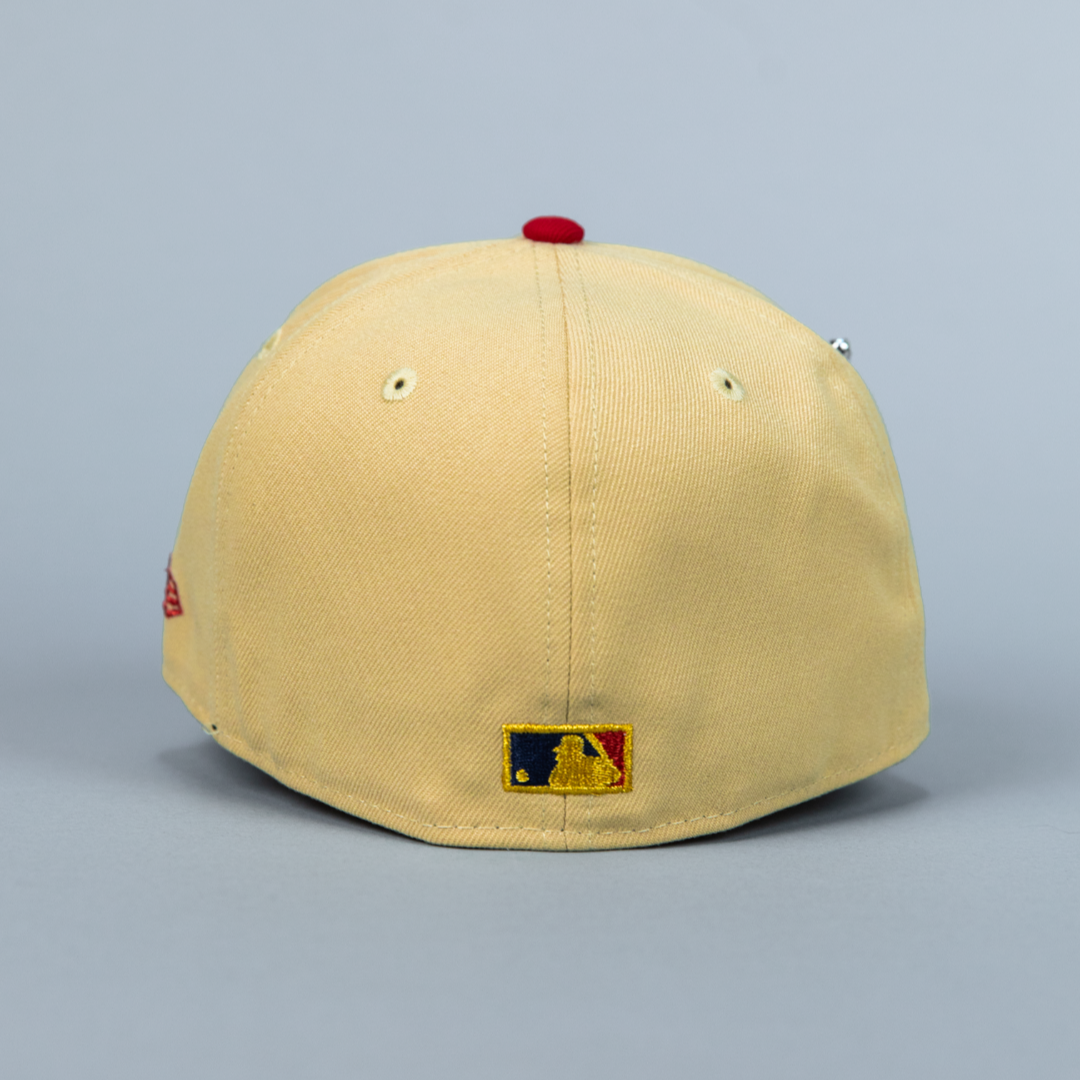 NEW ERA EXCLUSIVE 59FIFTY VEGAS GOLD/ NAVY SAN DIEGO PADRES W/ 1998 WORLD SERIES SIDE PATCH