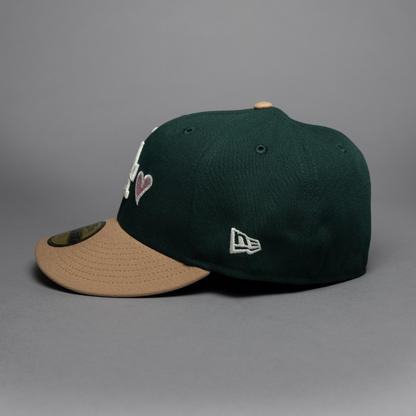 NEW ERA EXCLUSIVE 59FIFTY FOREST GREEN/BEIGE LOS ANGELES DODGERS W/ HEART + DODGER STADIUM SIDE PATCH