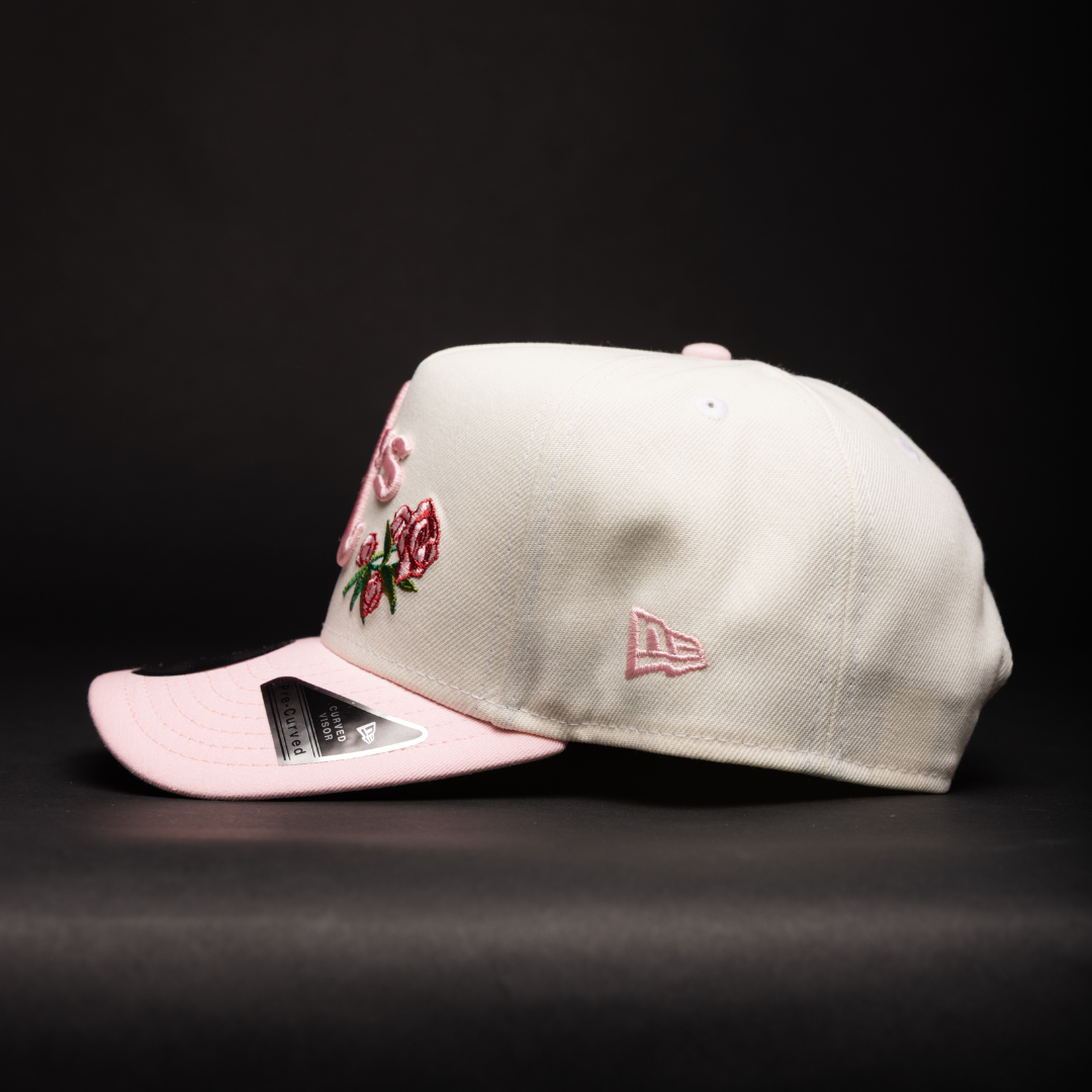 NEW ERA 9FIFTY A-FRAME CHROME/PINK OAKLAND ATHLETICS W/ ROSES + 50TH ANNIVERSARY SIDE PATCH