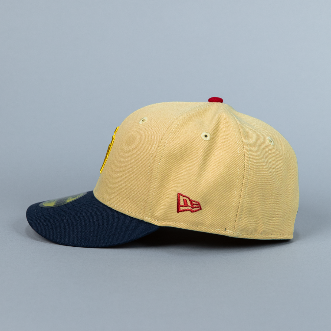 NEW ERA EXCLUSIVE 59FIFTY VEGAS GOLD/ NAVY SAN DIEGO PADRES W/ 1998 WORLD SERIES SIDE PATCH