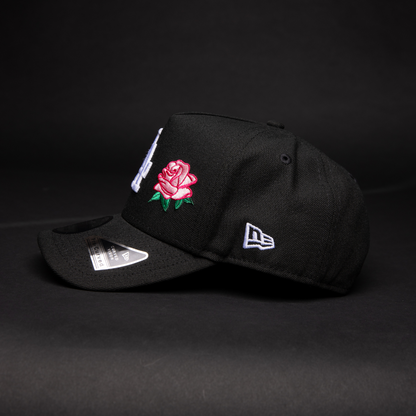 NEW ERA 9FIFTY A-FRAME BLACK LOS ANGELES DODGERS SNAPBACK W/ PINK ROSE + 60TH ANNIVERSARY SIDE PATCH