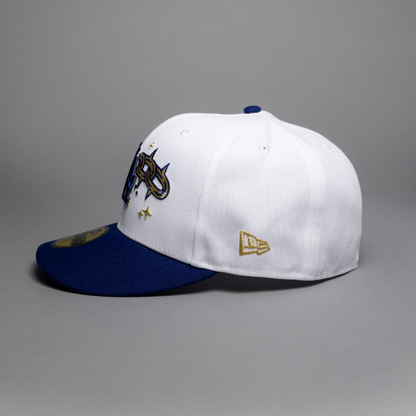 NEW ERA EXCLUSIVE 59FIFTY PEARL WHITE/BLUE LOS ANGELES DODGERS W/ EMBROIDERY + WORLD SERIES CHAMPIONS SIDE PATCH