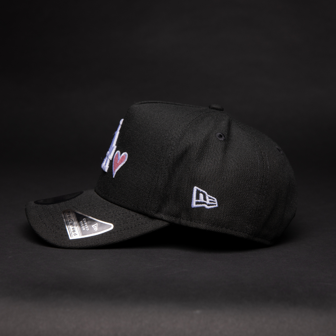 NEW ERA 9FIFTY A-FRAME BLACK LOS ANGELES DODGERS SNAPBACK W/ PINK HEART + 2020 WORLD SERIES SIDE PATCH
