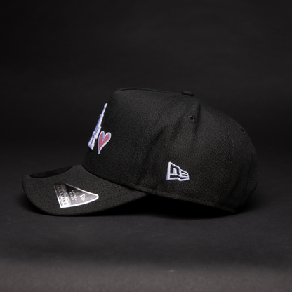 NEW ERA 9FIFTY A-FRAME BLACK LOS ANGELES DODGERS SNAPBACK W/ PINK HEART + 2020 WORLD SERIES SIDE PATCH