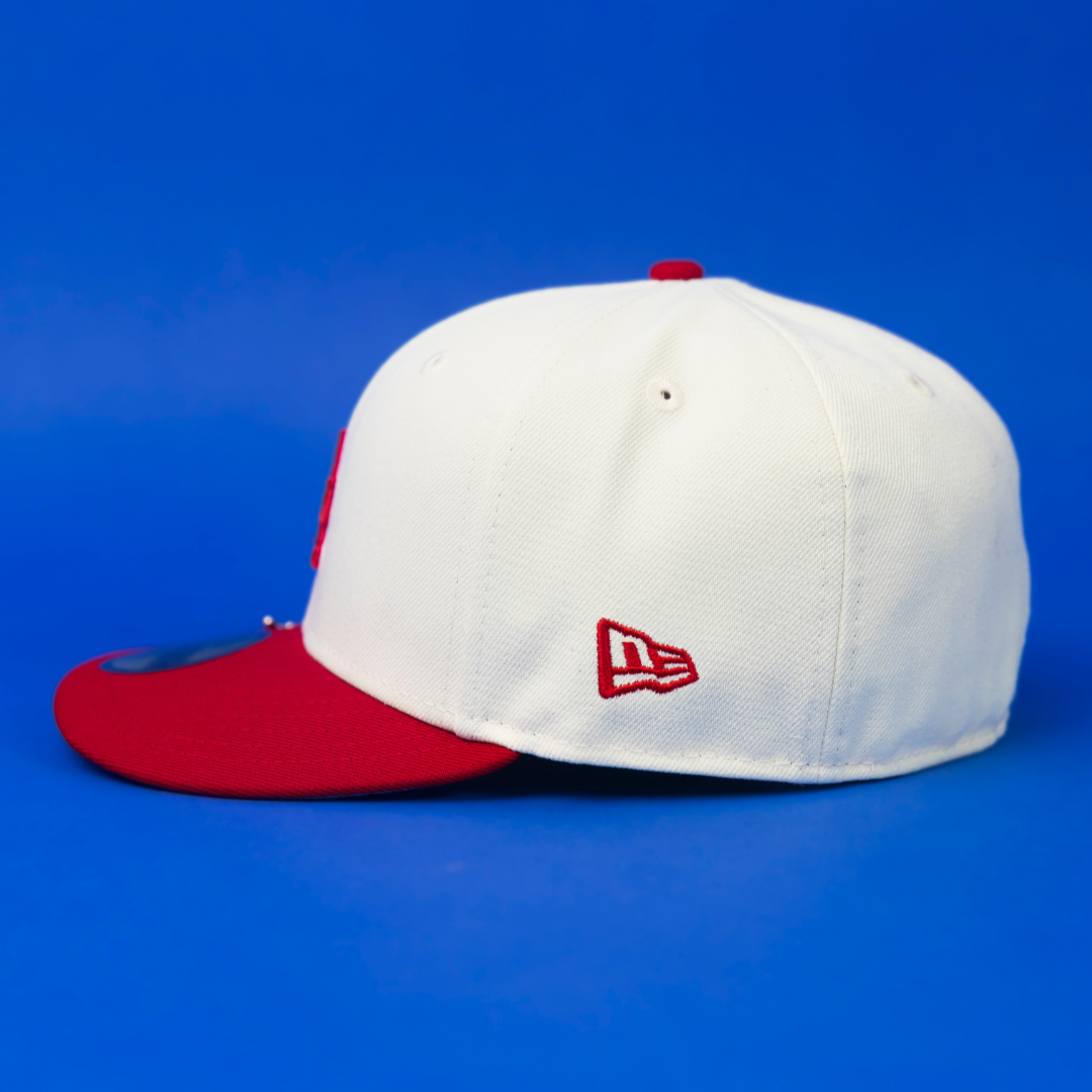 NEW ERA EXCLUSIVE 59FIFTY CHROME/ RED LOS ANGELES DODGERS W/ 50TH ANNIVERSARY SIDE PATCH