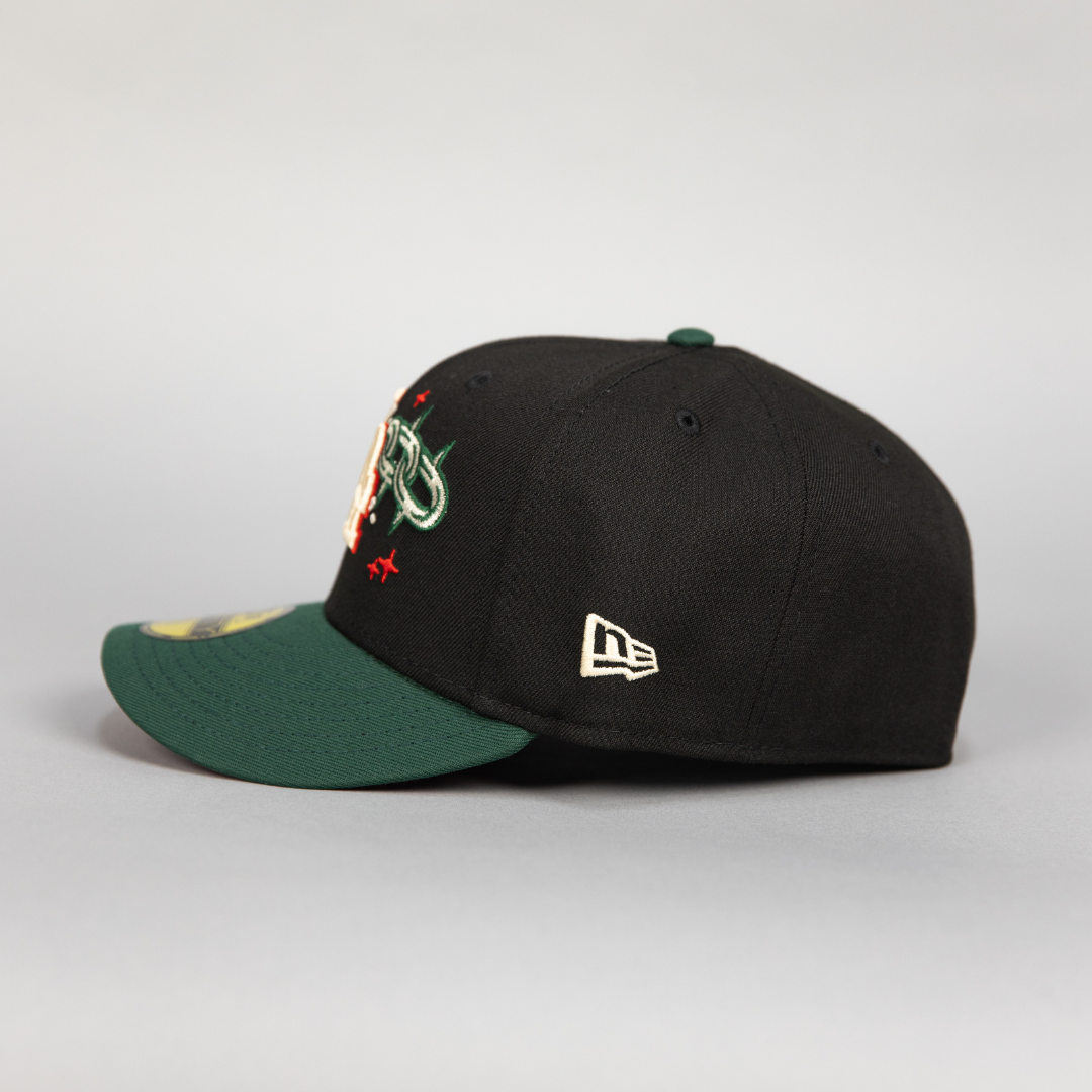 NEW ERA EXCLUSIVE 59FIFTY BLACK/ FOREST GREEN LOS ANGELES DODGERS W/ EMBROIDERY + 100TH ANNIVERSARY SIDE PATCH