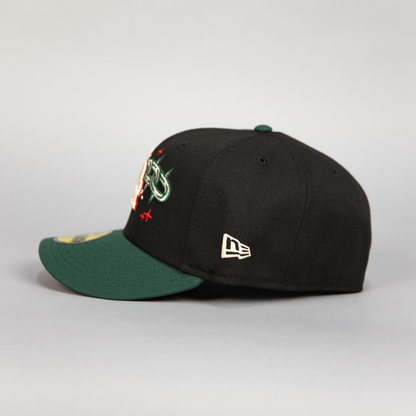 NEW ERA EXCLUSIVE 59FIFTY BLACK/ FOREST GREEN LOS ANGELES DODGERS W/ EMBROIDERY + 100TH ANNIVERSARY SIDE PATCH