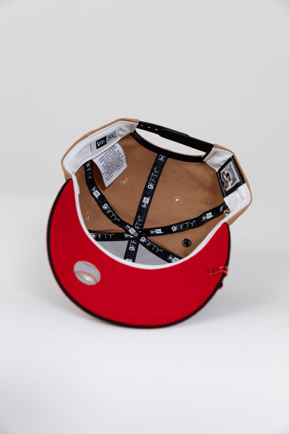 NEW ERA EXCLUSIVE 9FIFTY TAN/ BLACK BALTIMORE ORIOLES SNAPBACK W/ 50TH ANNIVERSARY PATCH