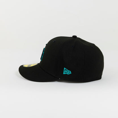 NEW ERA 59FIFTY BLACKED OUT LOS ANGELES DODGERS W/ TEAL OUTLINE + 50TH ANNIVERSARY SIDE PATCH