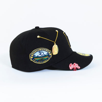 NEW ERA 59FIFTY BLACK LOS ANGELES DODGERS W/ 50TH ANNIVERSARY SIDE PATCH