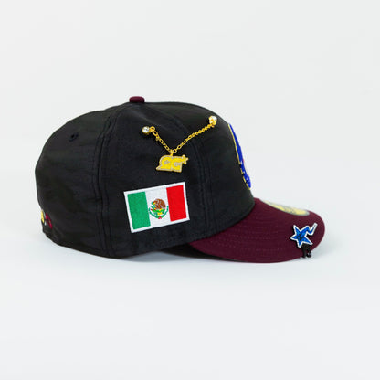 NEW ERA EXCLUSIVE 59FIFTY BLACK CAMO/ BURGUNDY CHARROS DE JALISCO W/ MEXICO FLAG SIDE PATCH