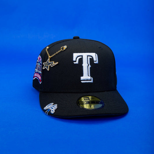 NEW ERA EXCLUSIVE 59FIFTY BLACK TEXAS RANGERS W/ FINAL SEASON SIDE PATCH