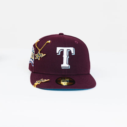 NEW ERA EXCLUSIVE 59FIFTY BURGUNDY TEXAS RANGERS W/ FINAL SEASON SIDE PATCH